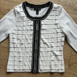White House Black Market Elegant White Sweater Jacket wBlack Beaded Trim Large